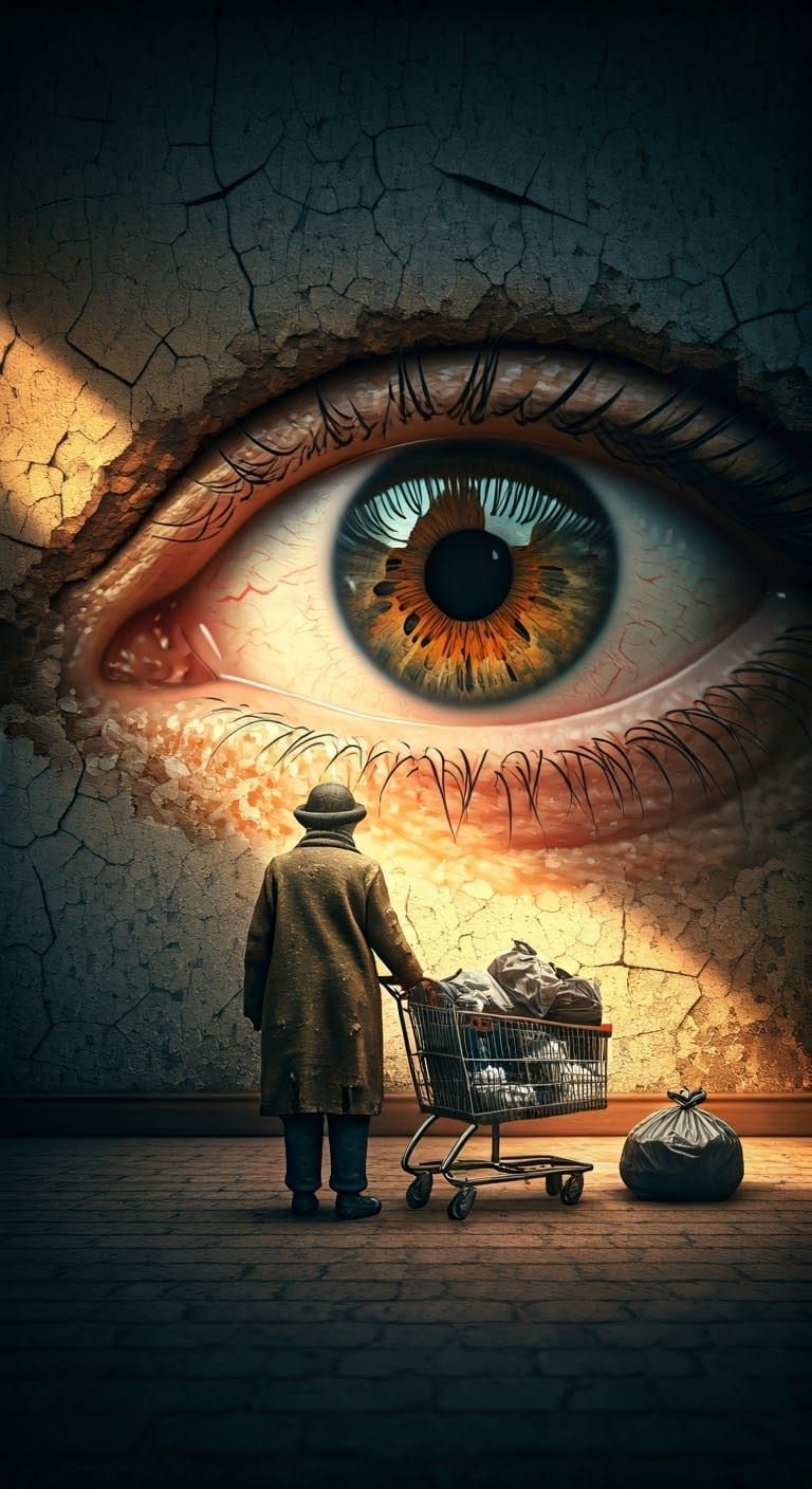 Surreal Elderly Homeless Woman Amidst Crumbling Architecture