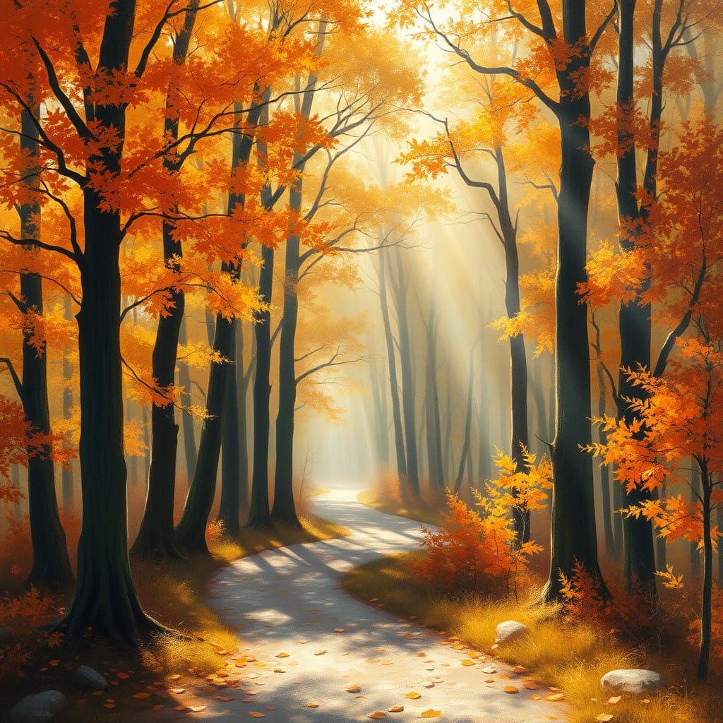 Ethereal Autumn Forest Landscape in Impressionist Style
