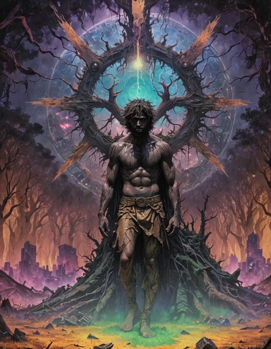 Surreal Post-Apocalyptic Forest God in Darkwave Style