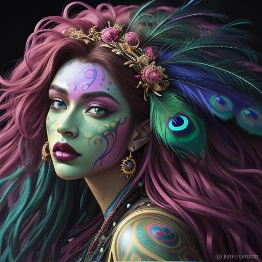 Majestic Woman with Peacock Feathers: Fantasy Portrait