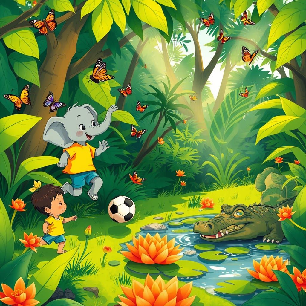 Vibrant Jungle Scene in Whimsical Cartoon Style