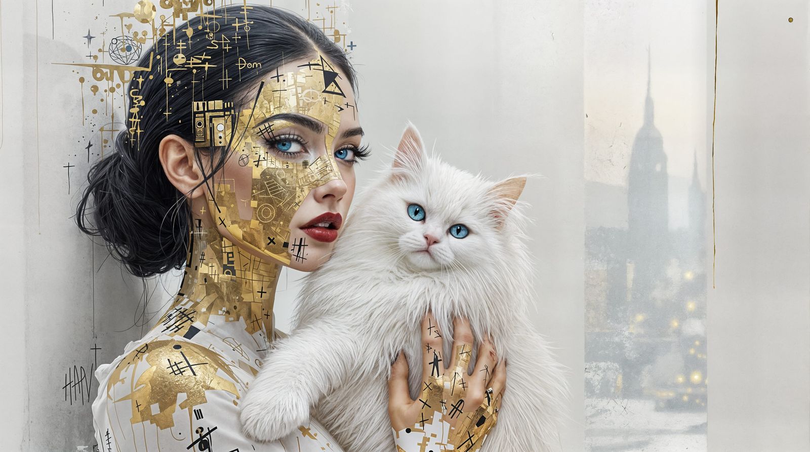Ethereal Woman and Cat in a Dreamy Cityscape