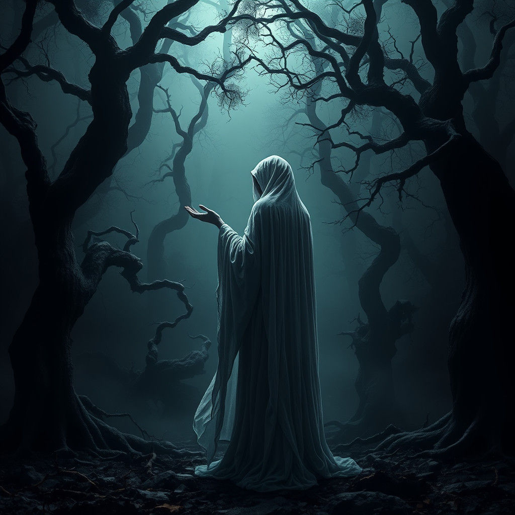 Mystical Forest: Ghostly Figure Beckons in the Dark