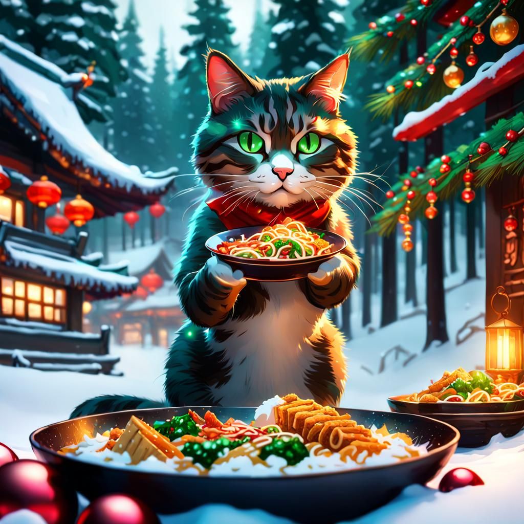 Cartoon Cat Celebrates Christmas with Chinese Food
