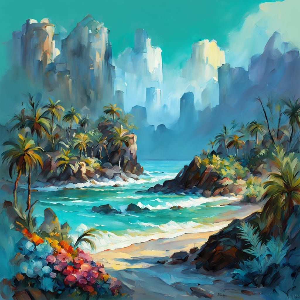 Tropical Beach Sandcastles in Impressionist Gouache Style