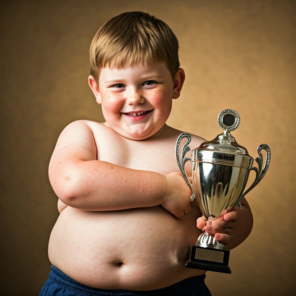 Joyful Boy with Freckled Belly and Trophy in Professional Po...