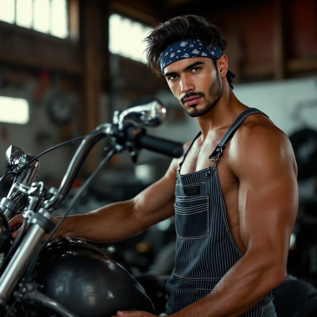 Handsome Hispanic Motorcycle Mechanic in His Garage