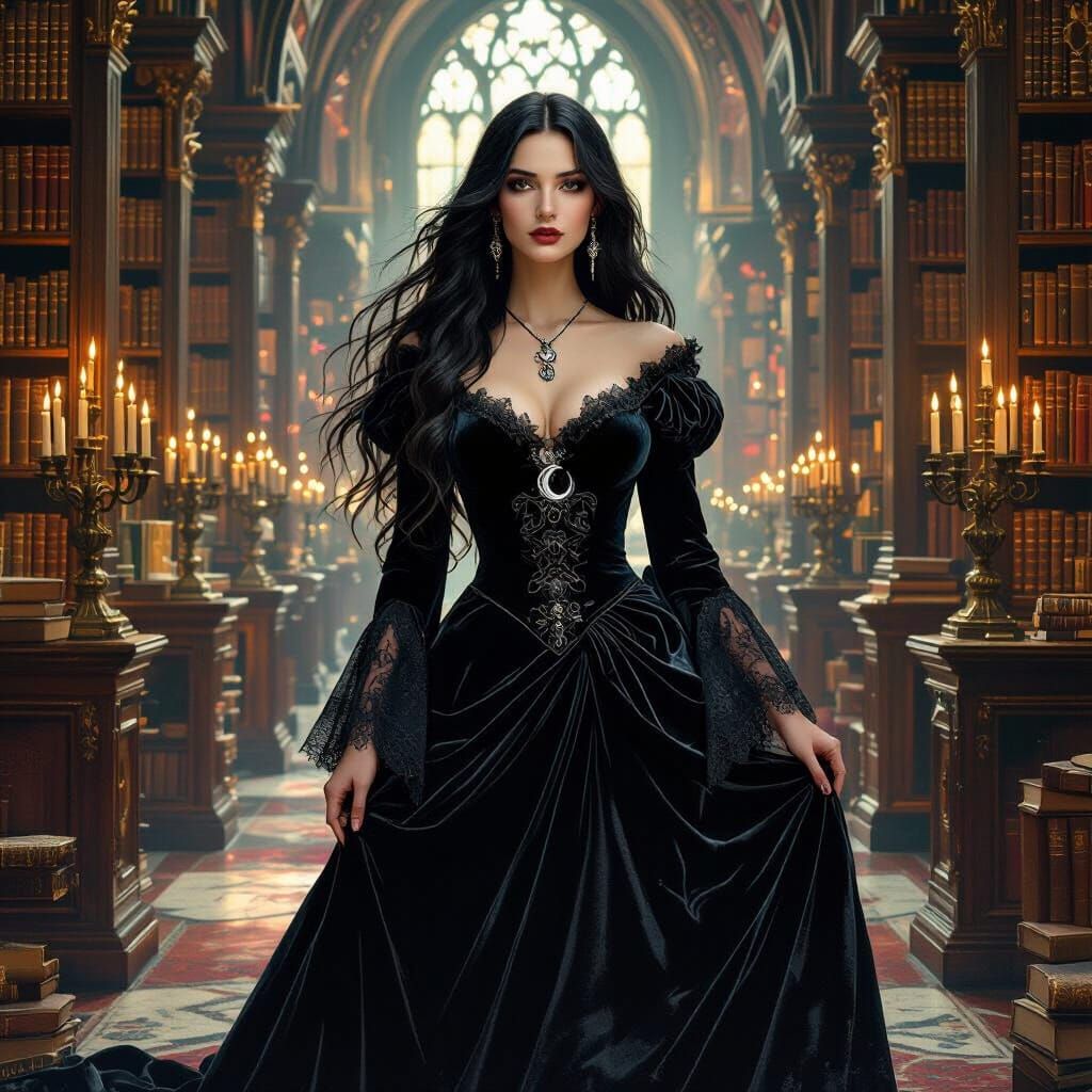 Gothic Woman in Library, Pre-Raphaelite Style