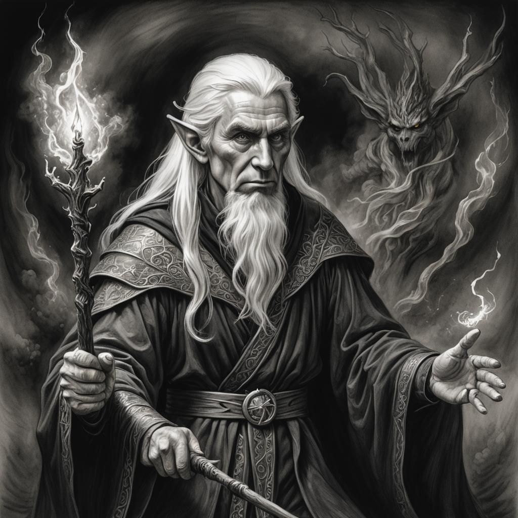 Elf Wizard in Charcoal Robe Wielding Wand