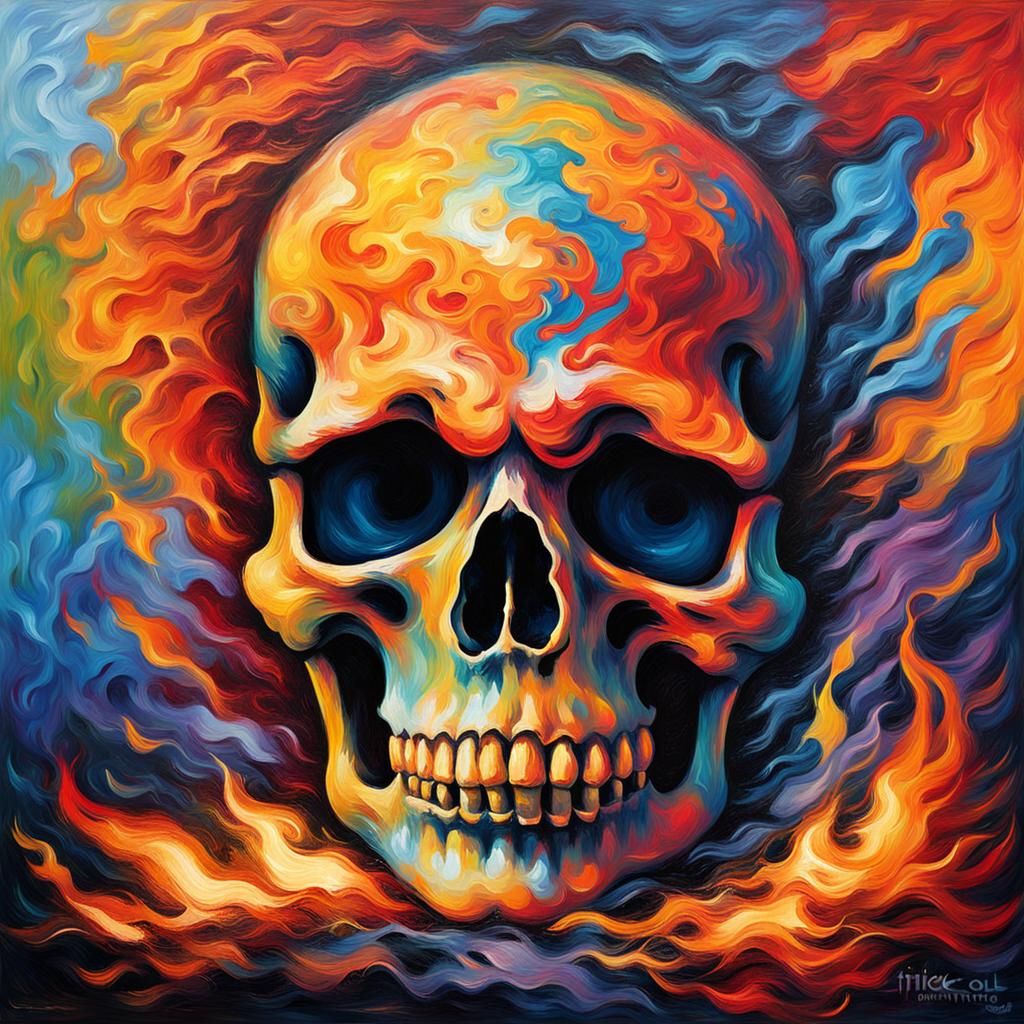 Colorful Flaming Skull in Expressionist Oil Painting