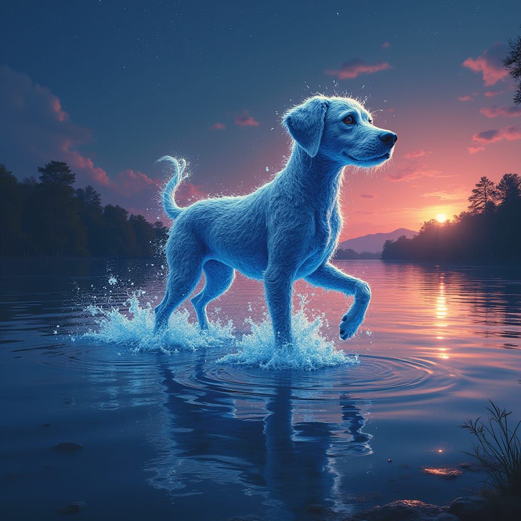 Digital Dog Emerging from Lake at Night