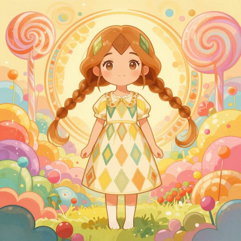 Whimsical Girl in Candy Landscape, Lozenge Motifs