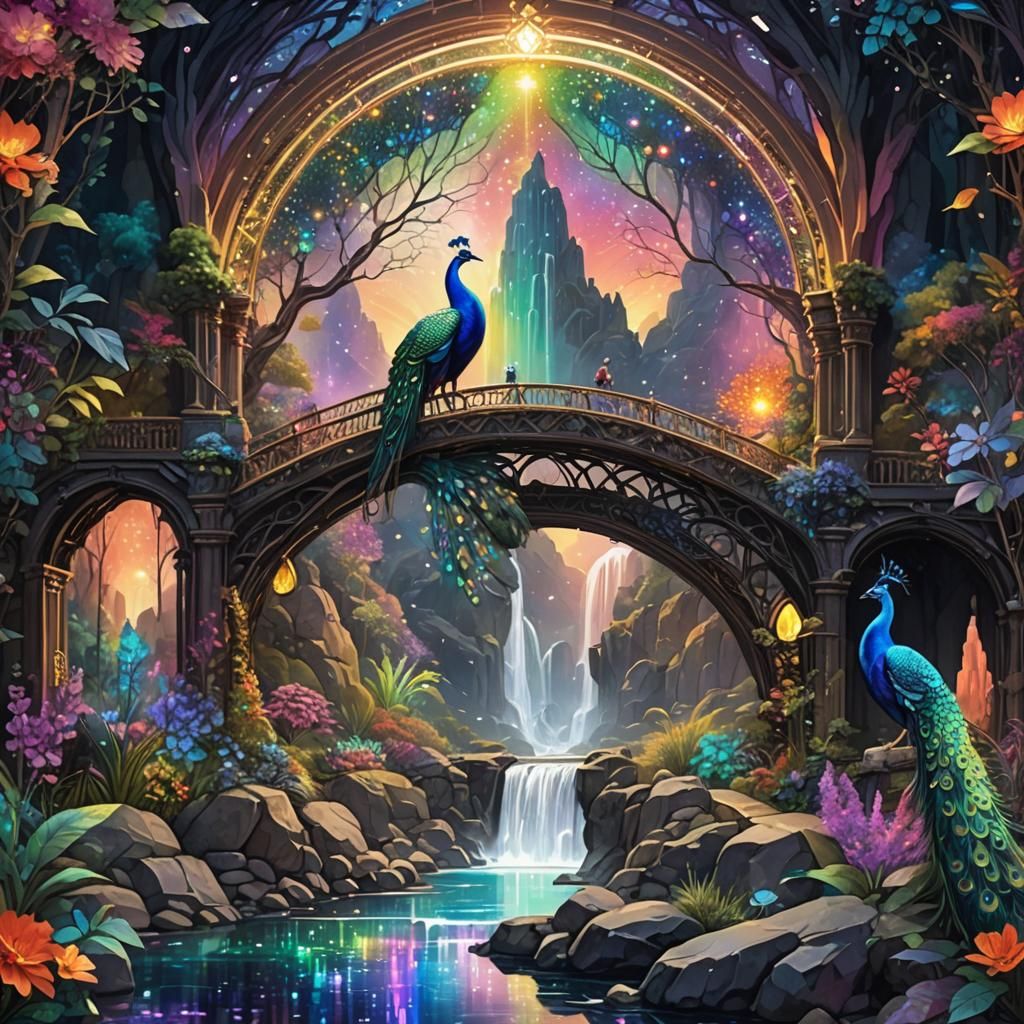 Rainbow Crystal Bridge with Peacock in Fantasy Landscape