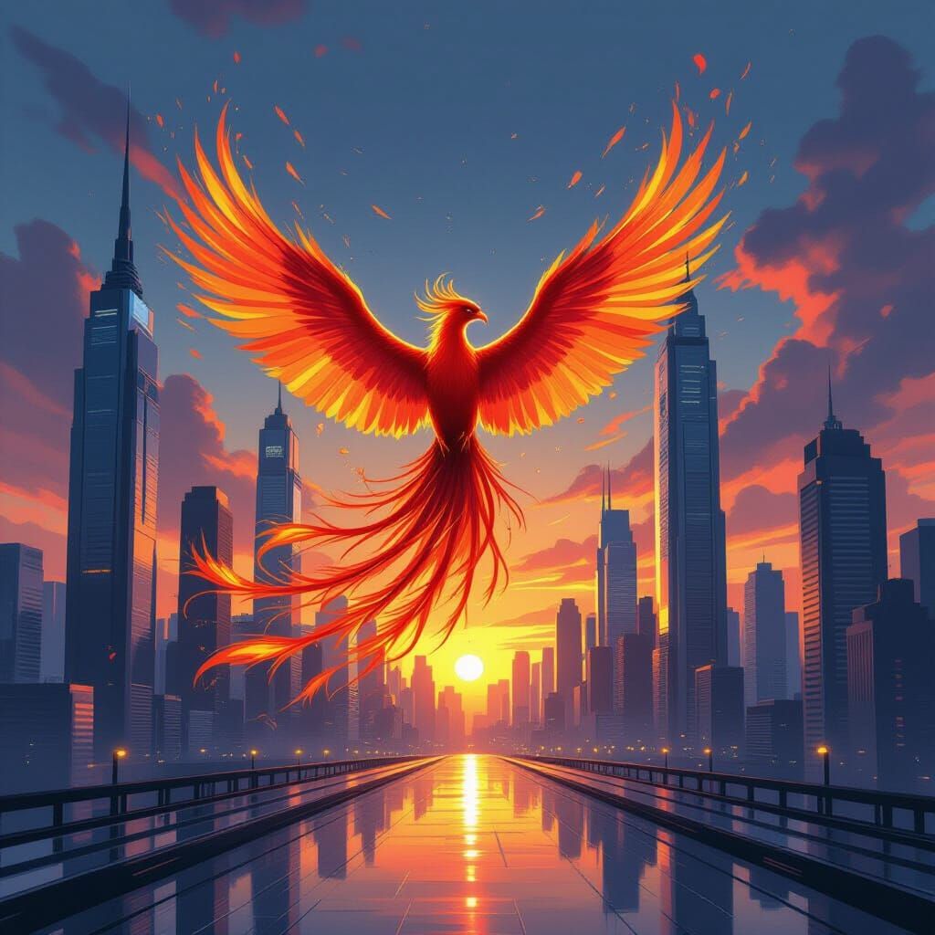Phoenix Rises from Futuristic City in Splash Art Style