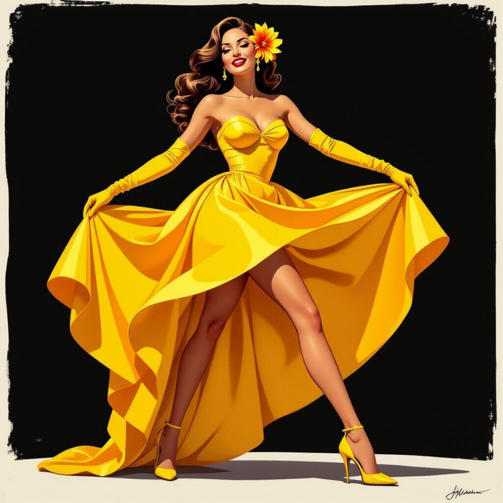 Stylized Woman in Yellow Dress, Playful Pose