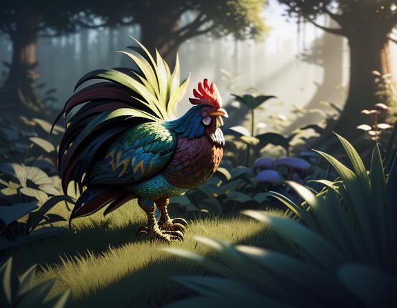 Gnome and Rooster in Mushroom Forest: 3D Game Art