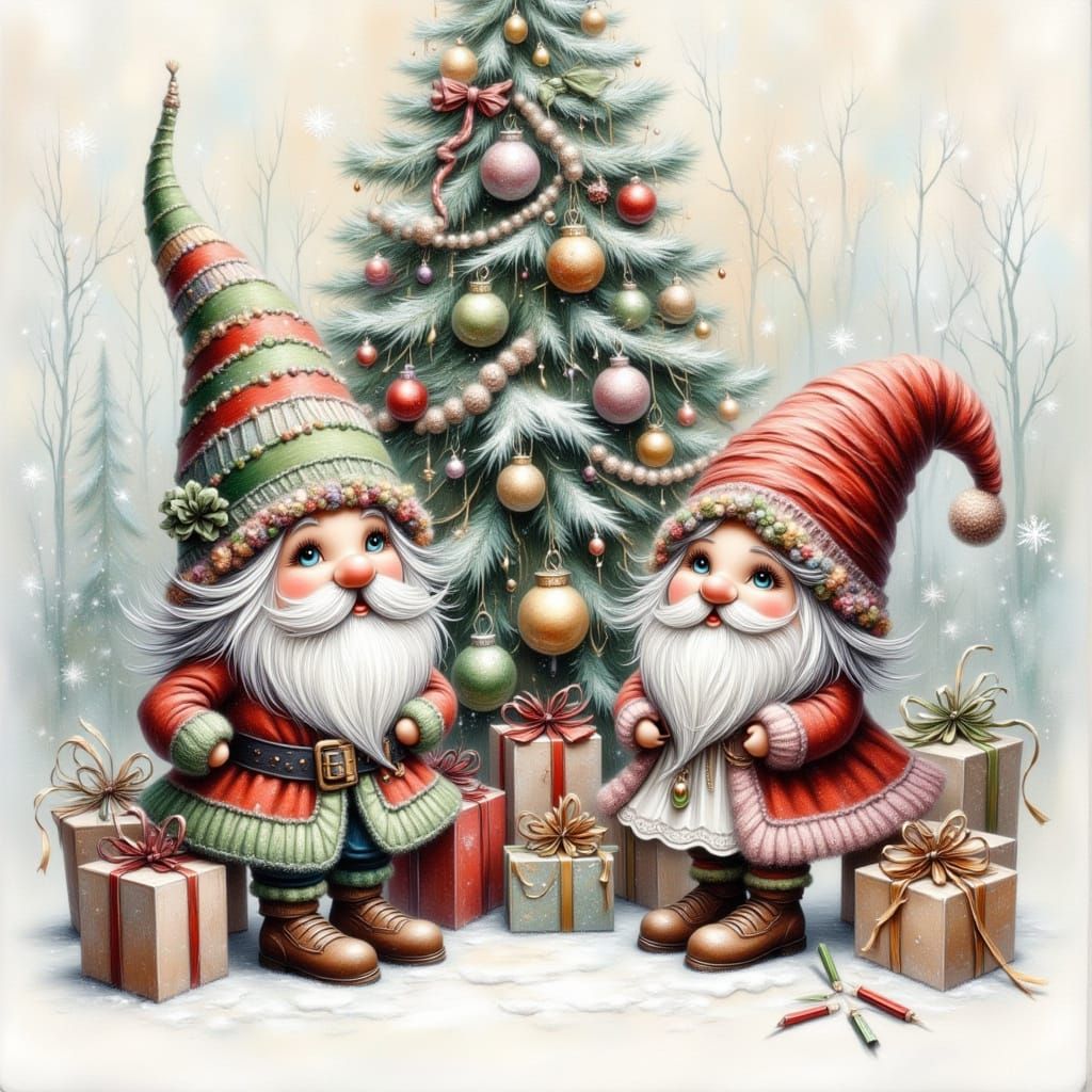 Festive Gnomes Decorating Christmas Tree in Soft Winter Styl...