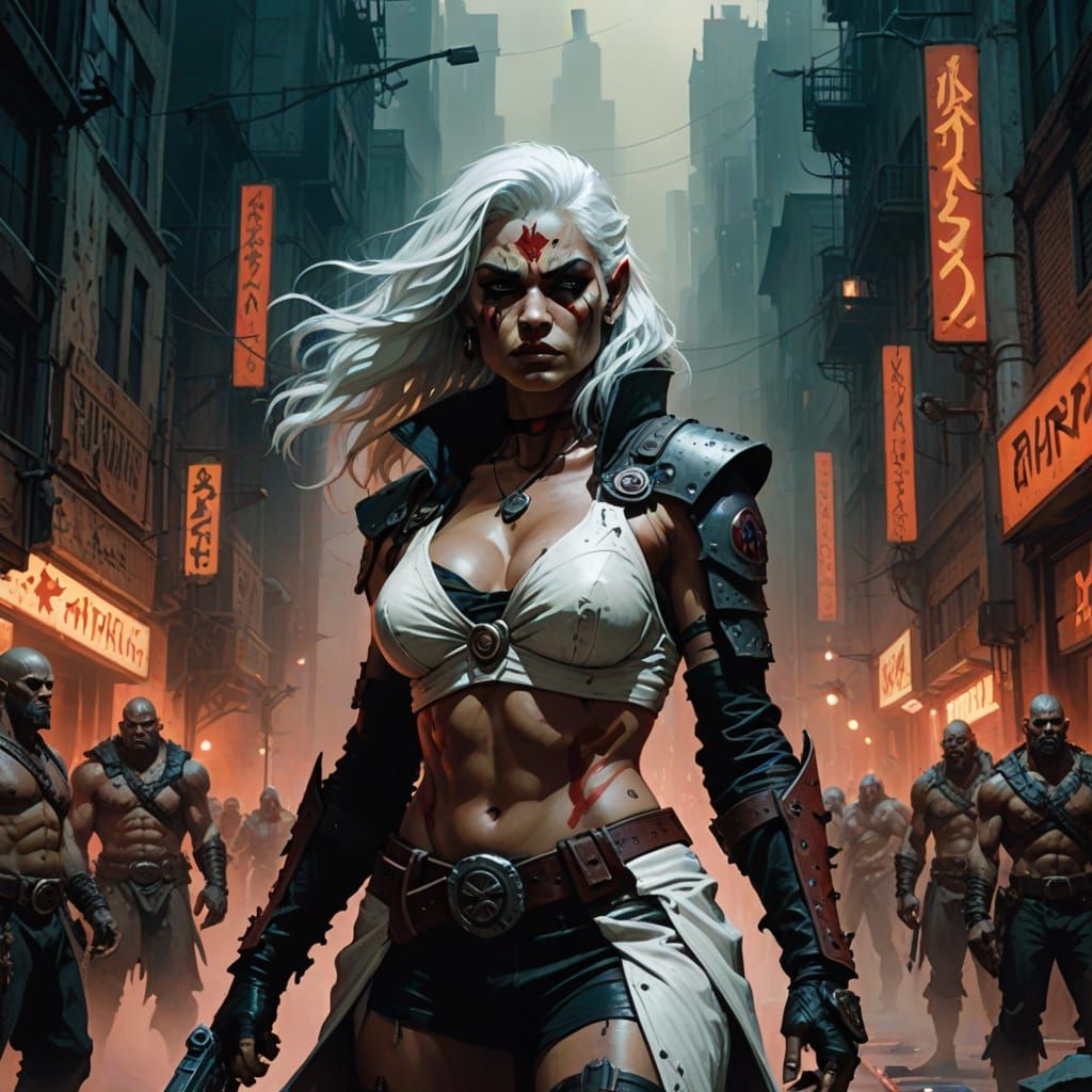 Epic Cyberpunk Barbarian Female Bounty Hunter in Dark City