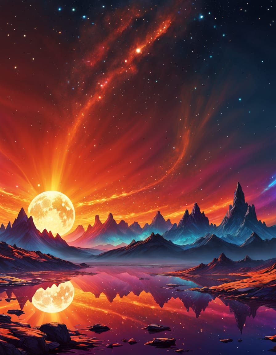 Solarpunk Landscape Artwork with Luminous Sun