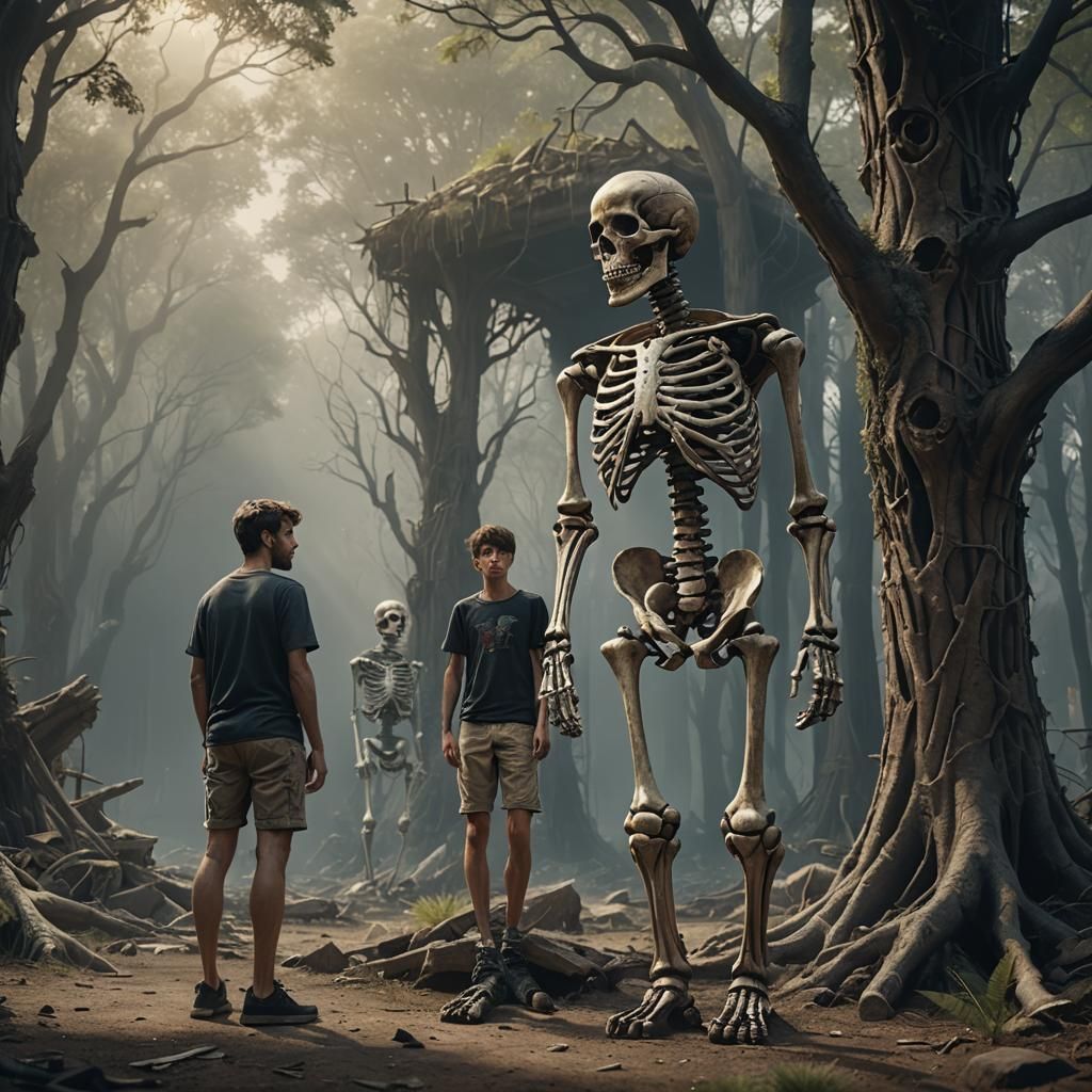 Detailed Skeleton Beside Man: Digital Matte Painting