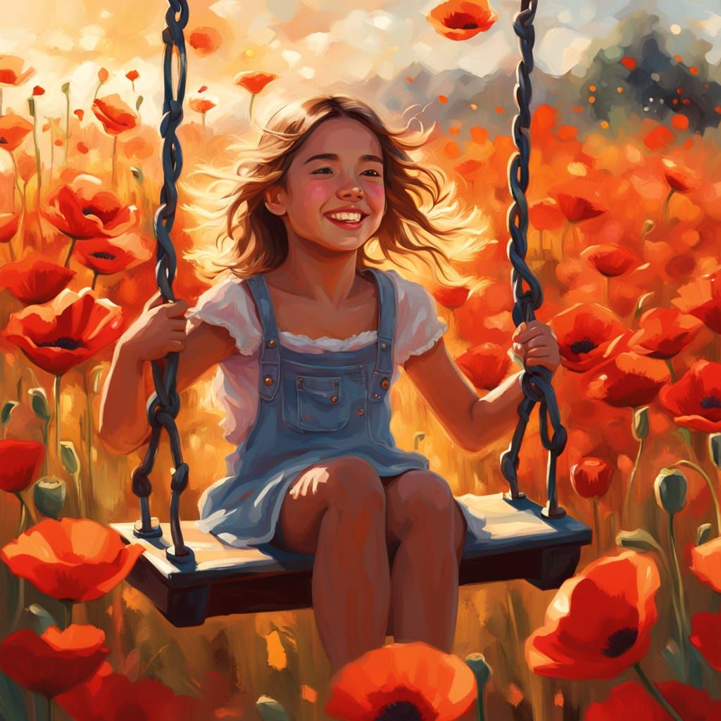 Young Girl in Poppy Field: Vibrant Oil Painting
