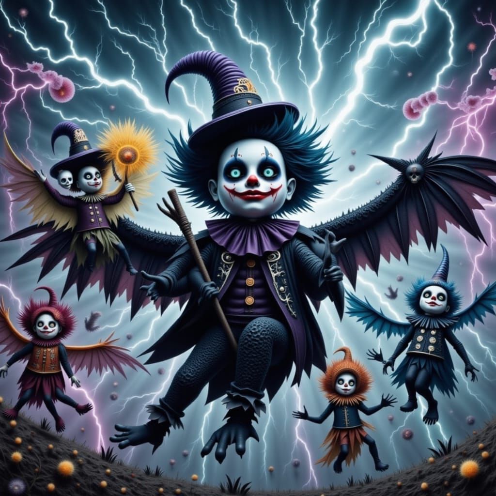 <lora:Psychopomp:1.0> A legion of chibi goth clowns riding d...