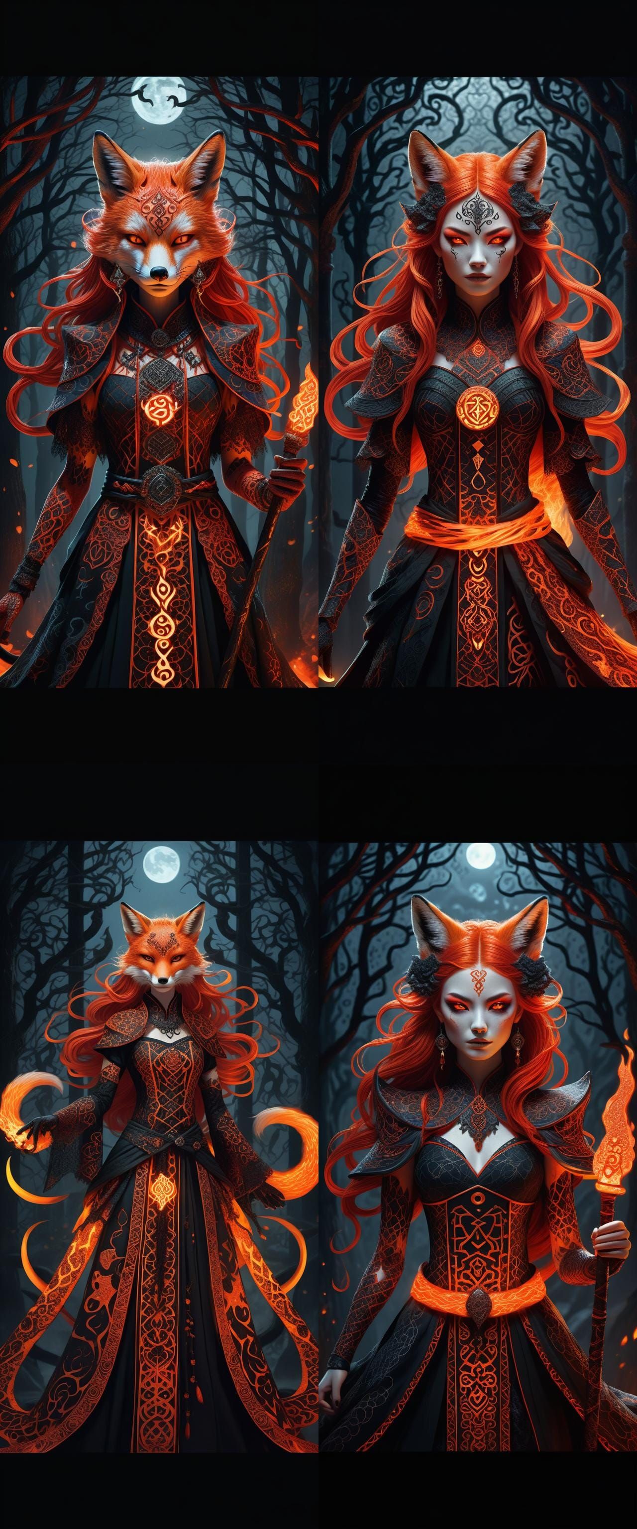 Fox Demon in Bioluminescent Dress, Digital Illustration