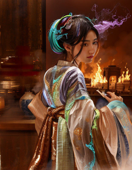 Mysterious Woman in Traditional Kimono, Illuminated by Blue....