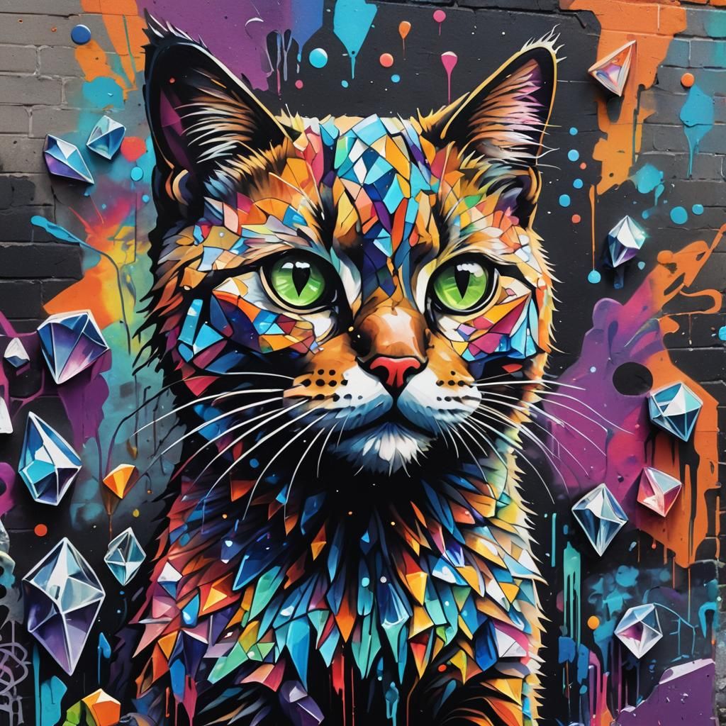 Crystal Cat Graffiti Art in Neon Hues