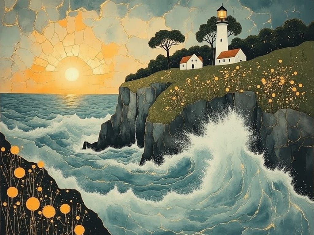 Mysterious Sunset Coast Scene in Noctilucent Oil Painting St...