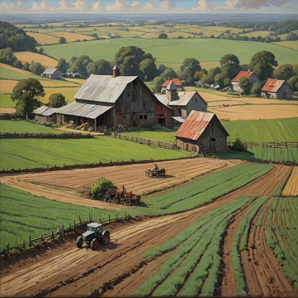 Rural Scene: Man Plowing Field in Oil Painting Style