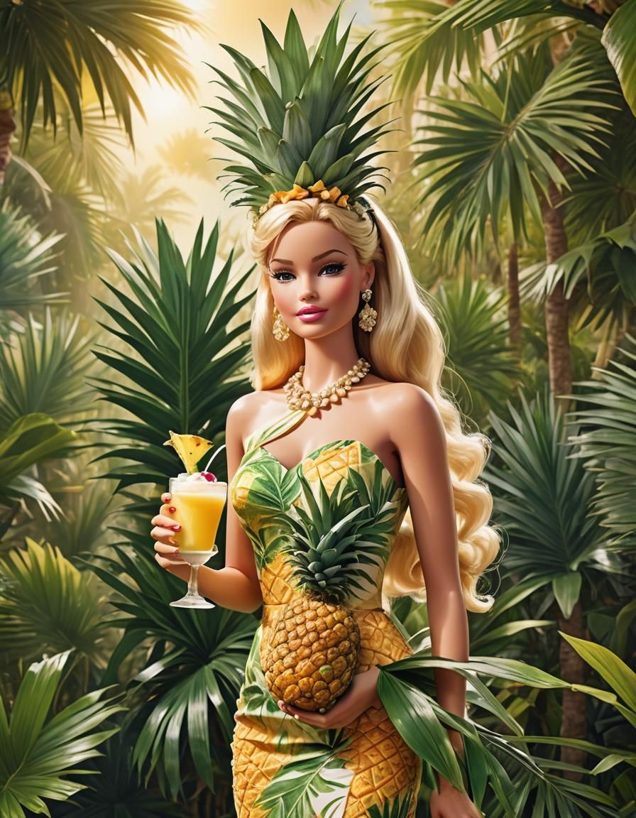 Tropical Barbie Doll in Pina Colada Dress, Digital Art