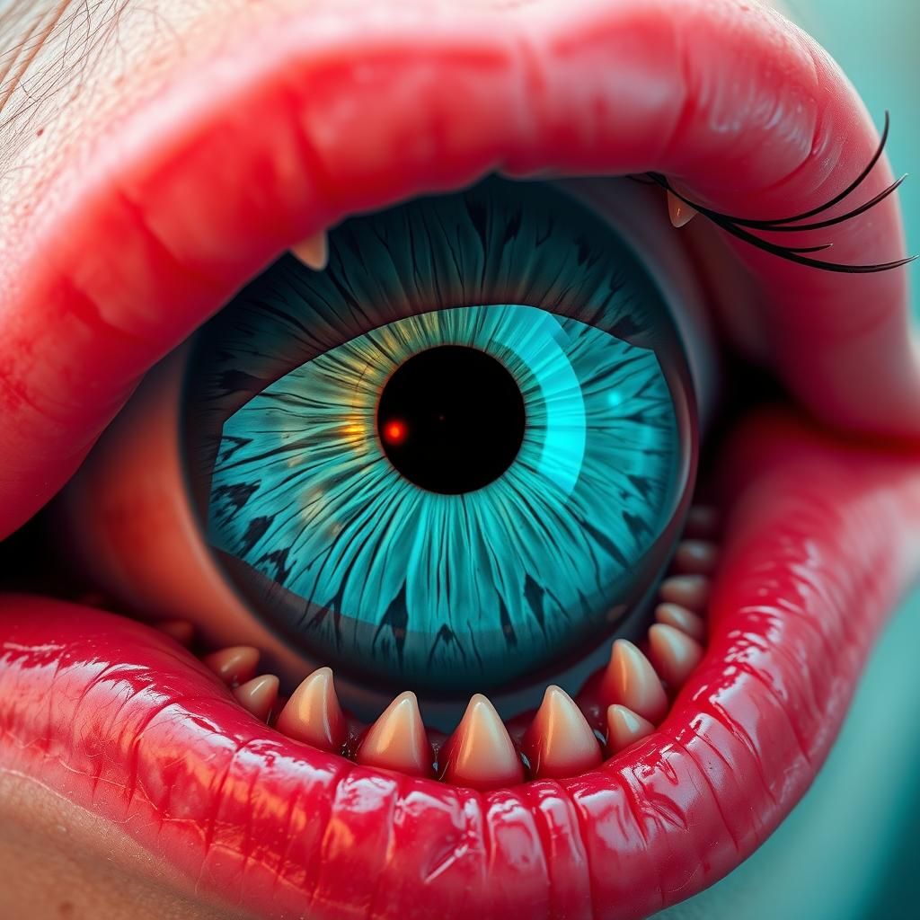 Surreal Turquoise Eyeball with Lips and Teeth