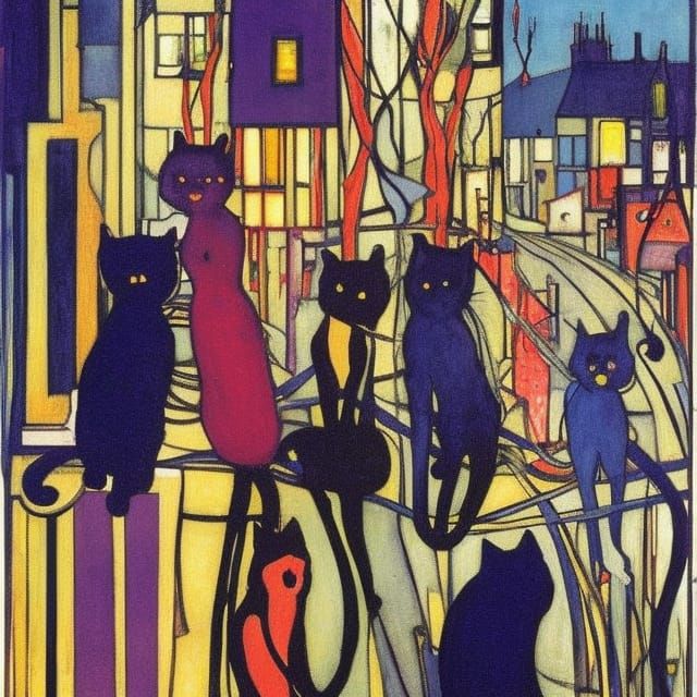 Cats in City at Night in Expressionist Style
