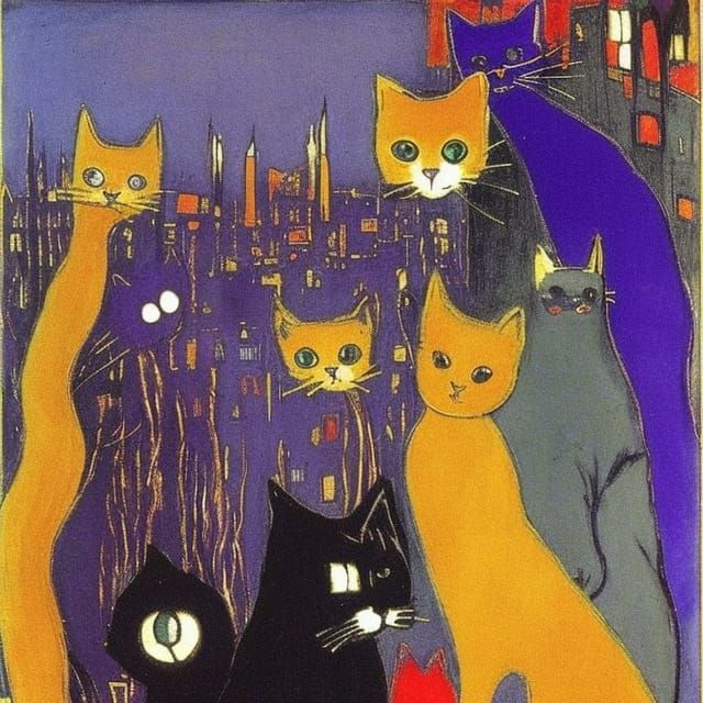 Cats in the City at Night: Expressive Painting