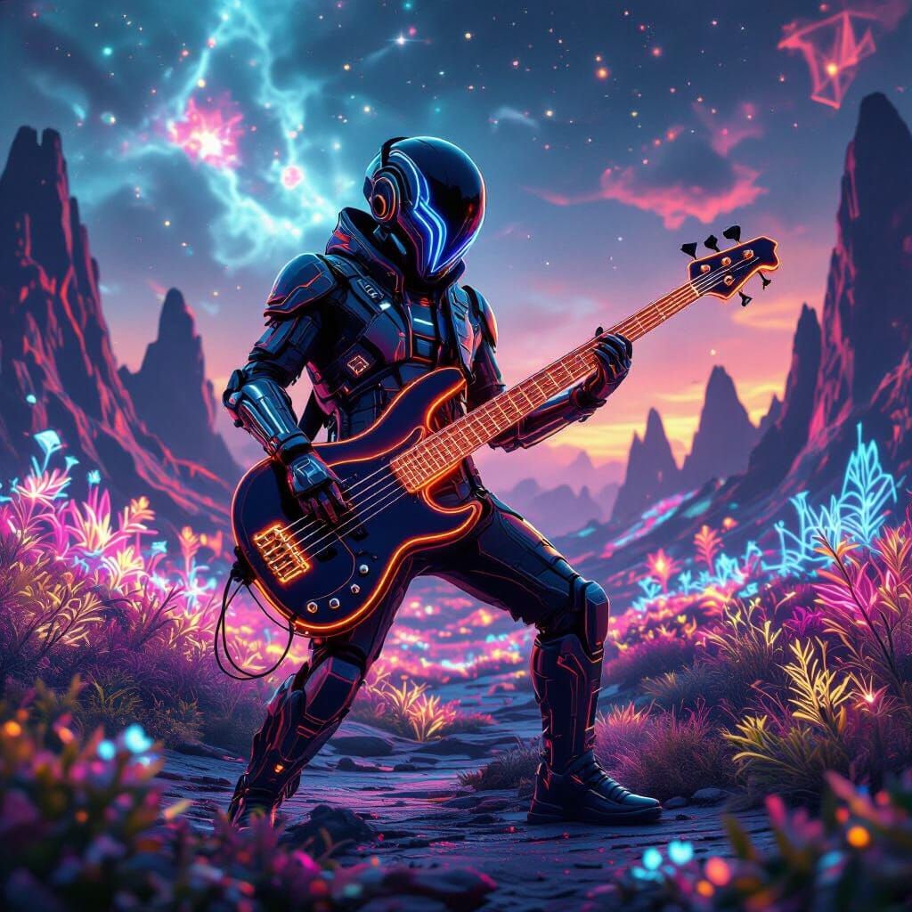 Futuristic Bass Player in Bioluminescent Alien Landscape