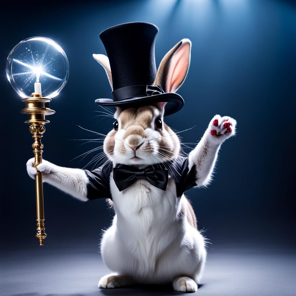 Rabbit Magician on Stage with Glass Top Hat