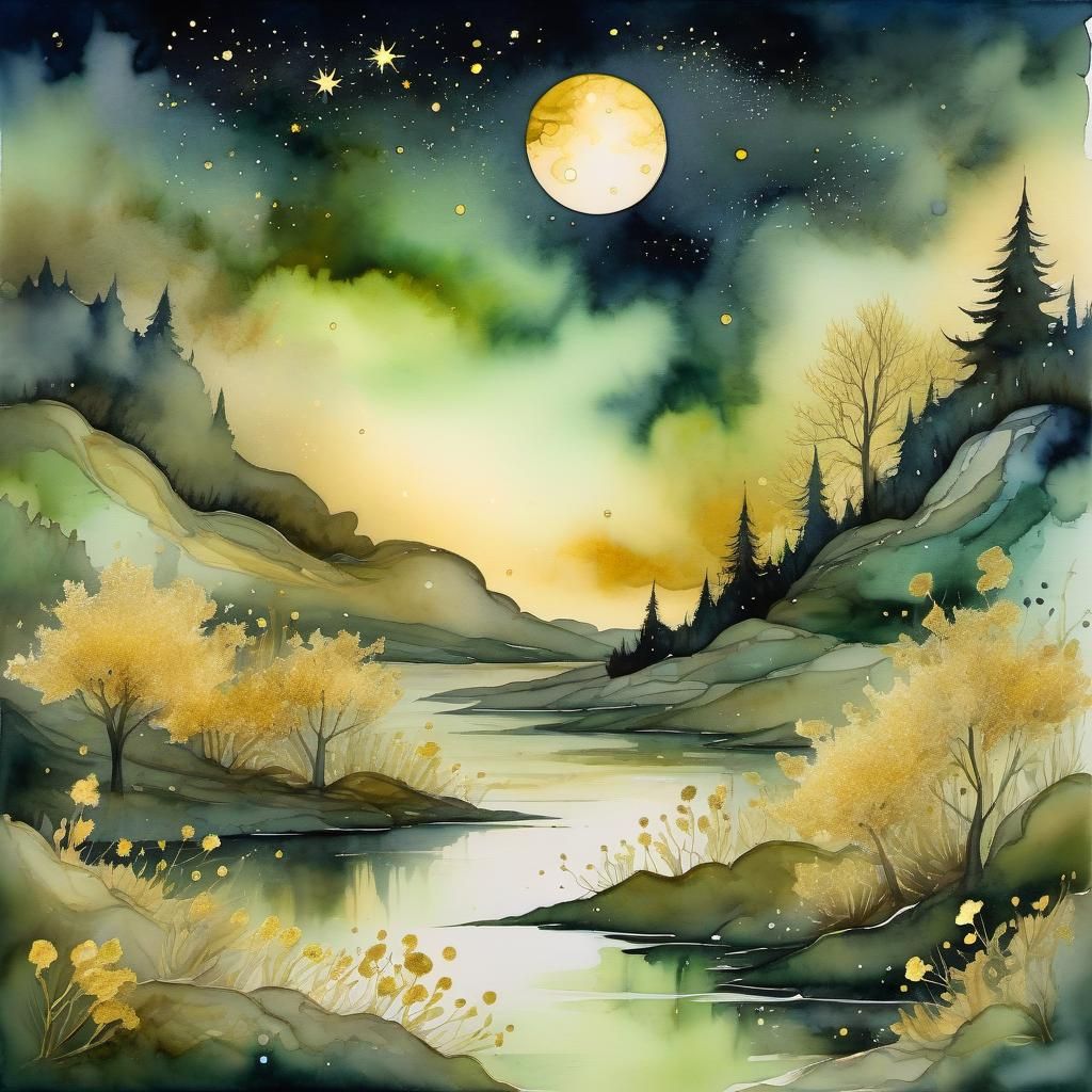 Mysterious Hazel Landscape with Golden Clouds, Watercolour