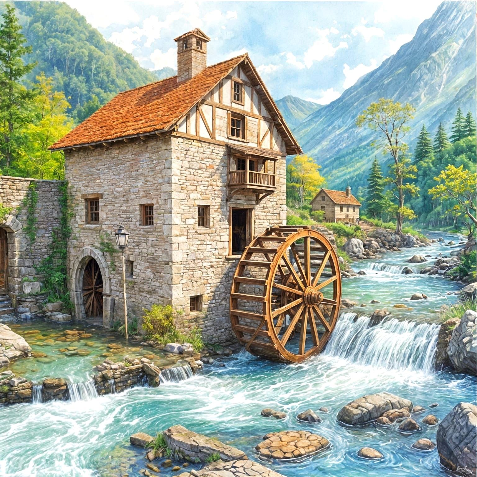 Ancient Water Mill with Semi-Submerged Wheel in Vibrant Wate...