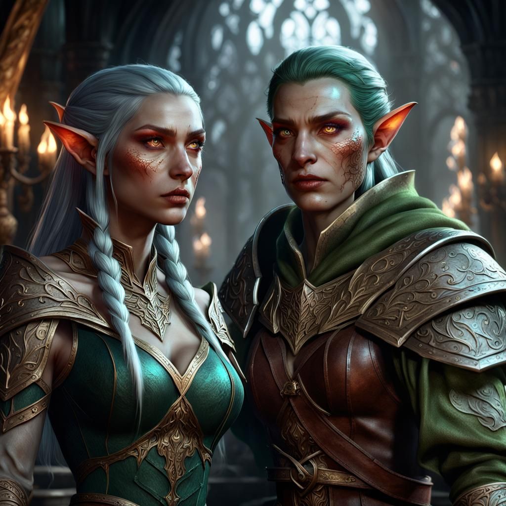 Female and male elf battle warn
