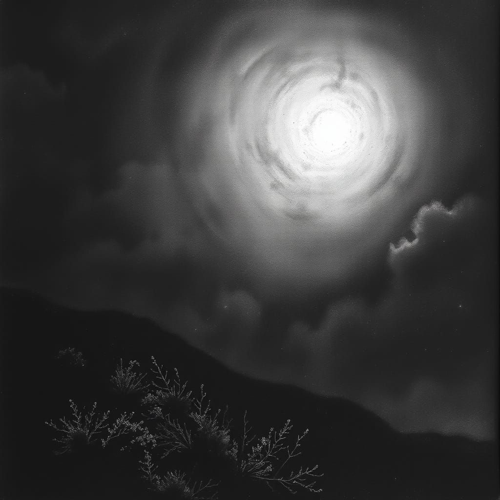 Ethereal Moonlit Landscape in Charcoal Drawing
