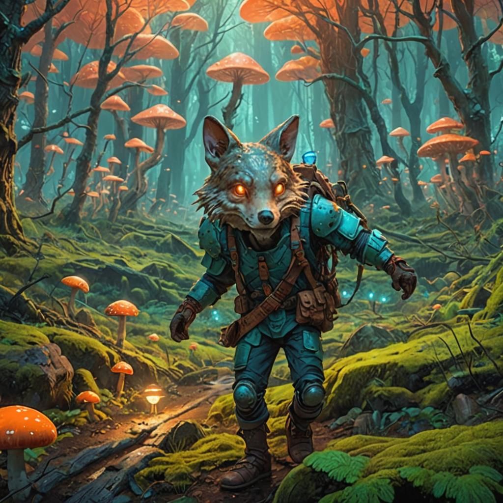Fantasy Character in Bioluminescent Mushroom Forest