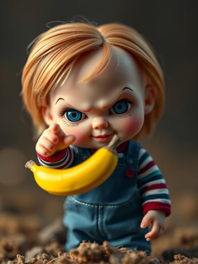 Adorable Chibi Chucky Doll Portrait with Banana