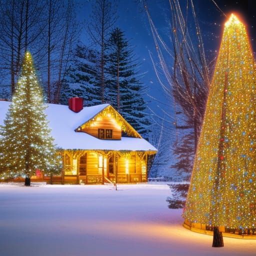 Log Cabin Christmas Scene in Winter Landscape