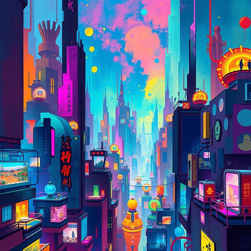Epic Futuristic Cityscape with Kaleidoscope of Colors