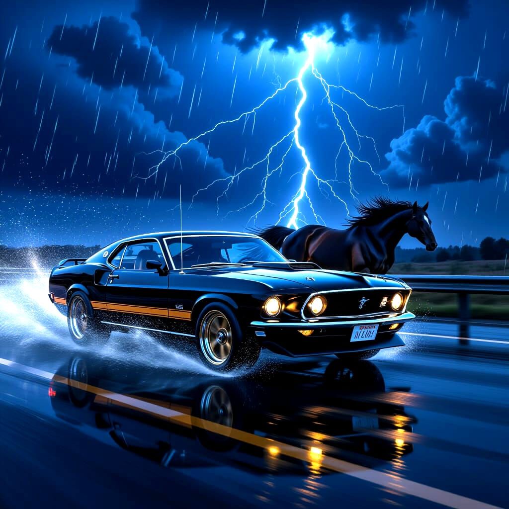 1969 Ford Mustang Mach 1 Racing in Storm