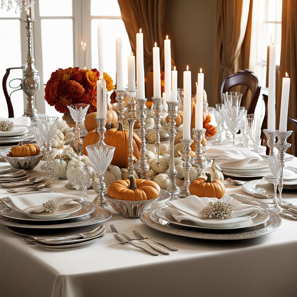Elegant White and Silver Thanksgiving Tablescape