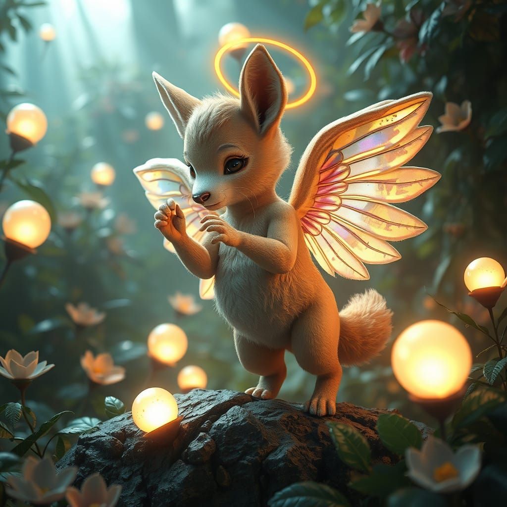 Whimsical Angel Performs Mystical Act in Dreamlike Landscape