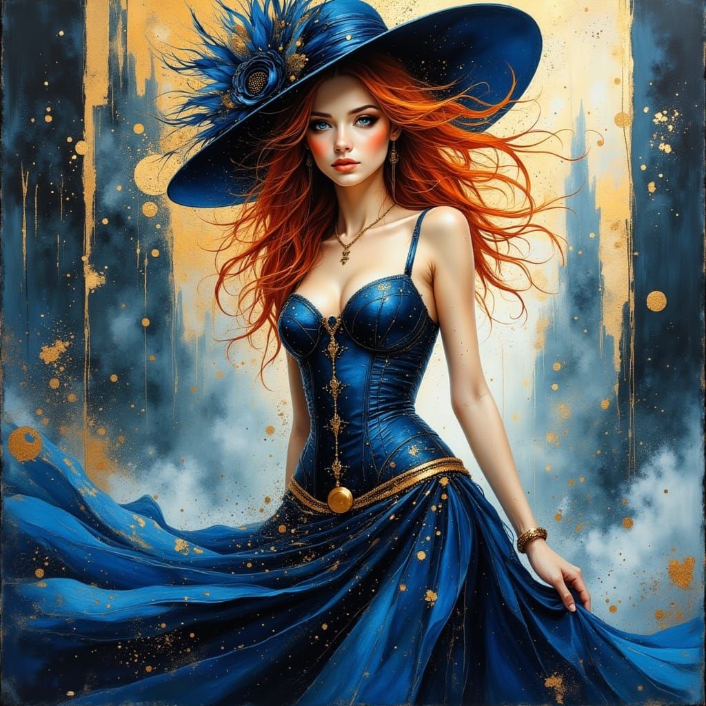 Elegant Futuristic Lady with Fiery Hair and Veil