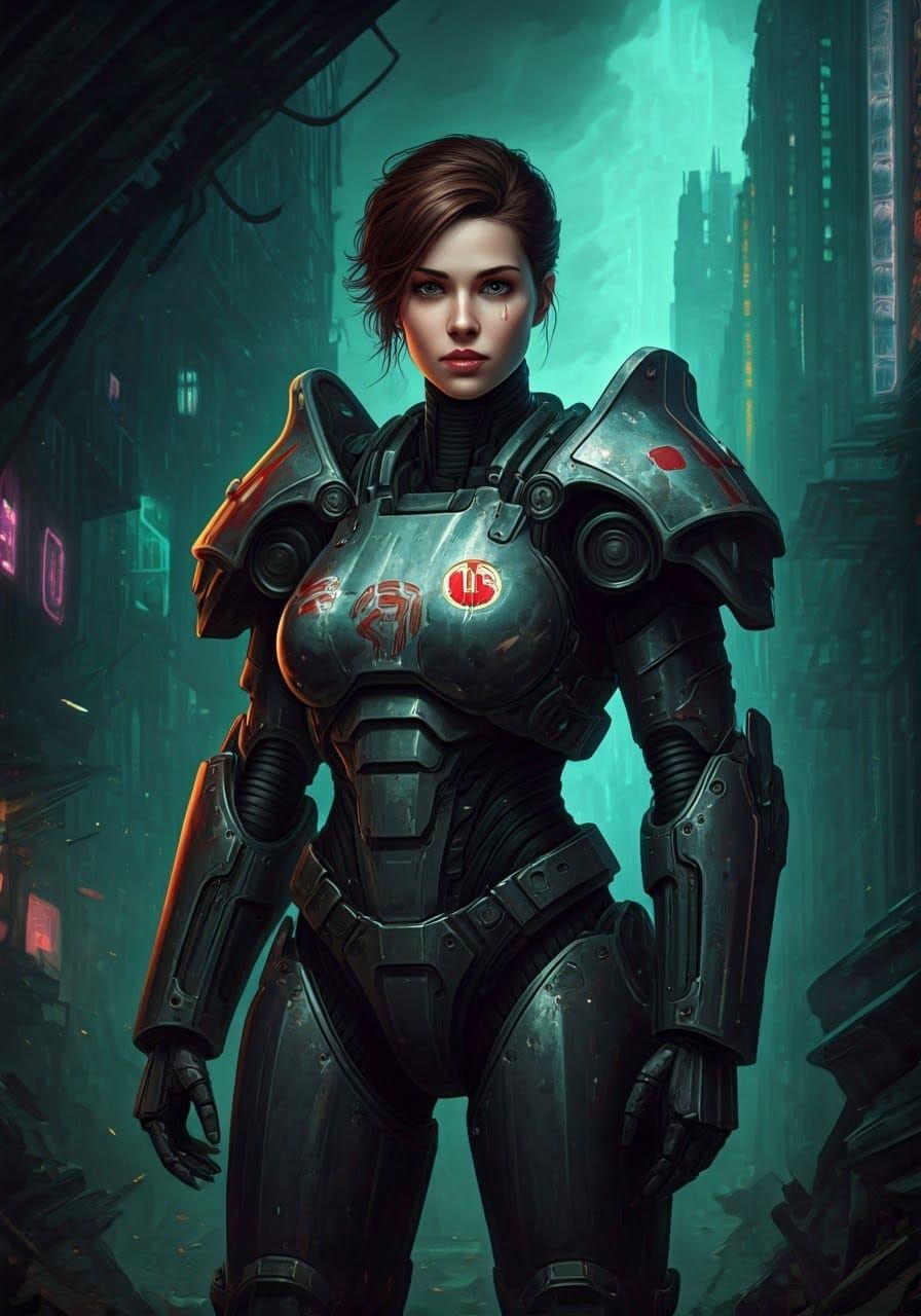 Heroic Woman in Power Armor in Retro-Futuristic City